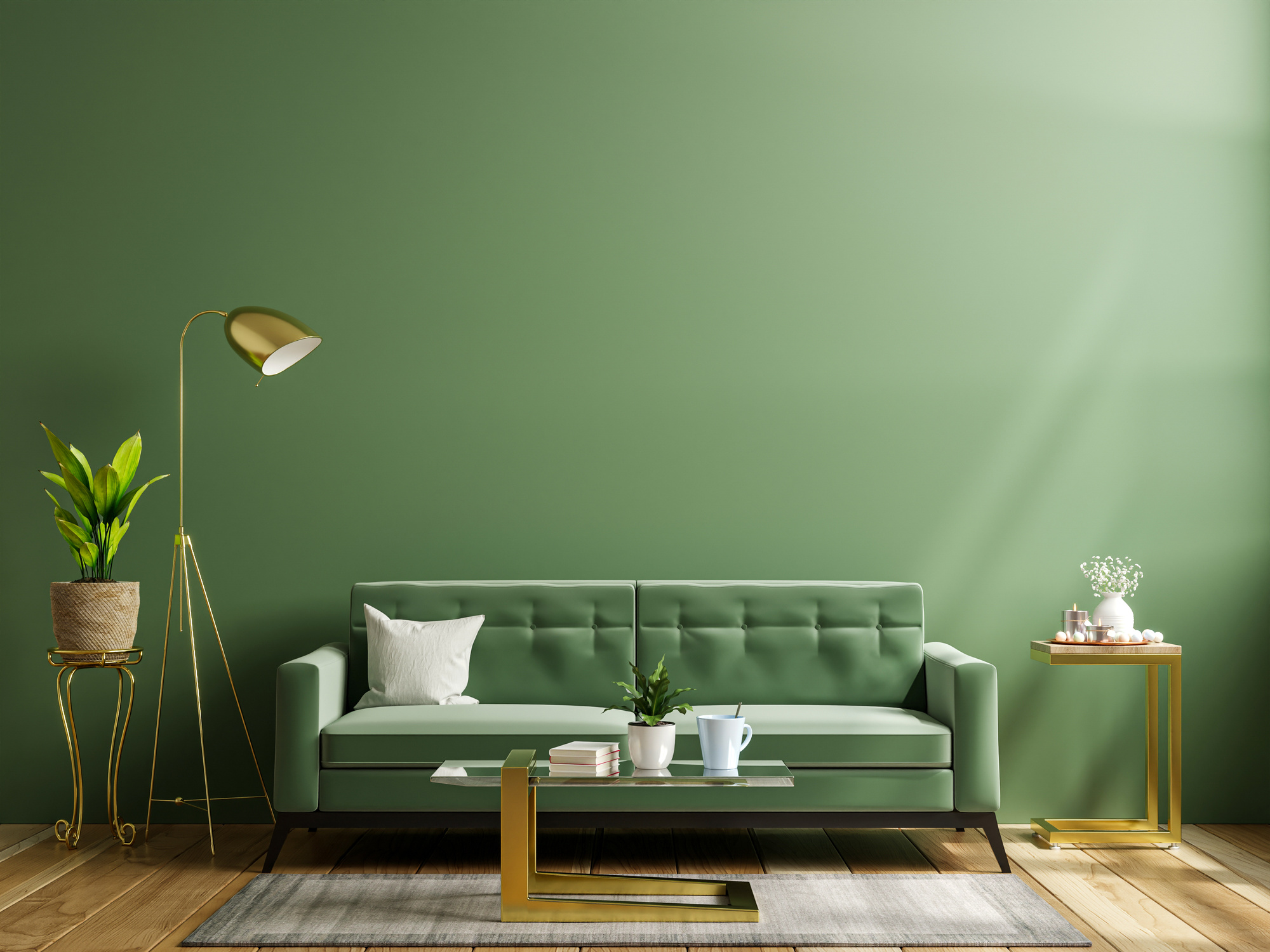 Luxury living room wall mockup with green sofa.